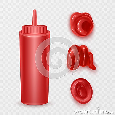 Ketchup stains. Tomato sauce red spots and smears, drops for paste and catsup blobs. Vegetable seasoning sour food realistic 3d Vector Illustration