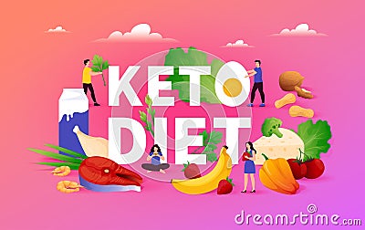 Keto diet. Meat and vegetables, milk and sea food, people eating low fat butter, fish and nuts, tiny men and women with Vector Illustration