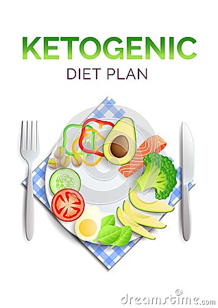 Keto diet, plate with healthy food, avocado, salmon and vegetables Vector Illustration