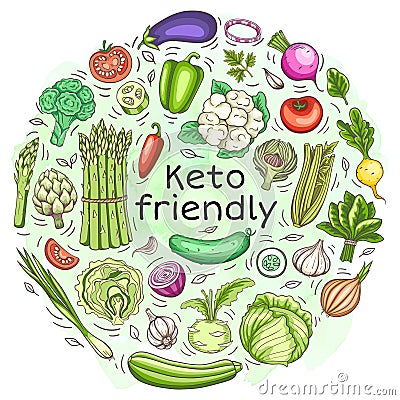 Keto friendly vegetable products for the keto diet Vector Illustration