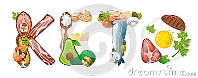 Keto inscription made of ketogenic diet food isolated on white backround. Vector illustration Vector Illustration