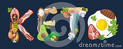 Keto inscription made of ketogenic diet food Vector Illustration