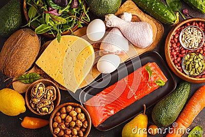 Keto ketogenic diet concept. Balanced low-carb food background Stock Photo