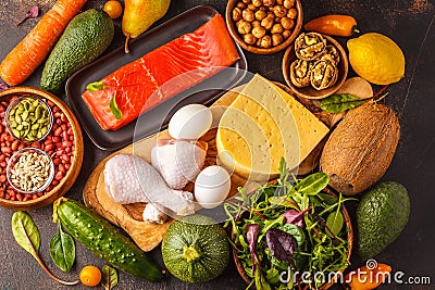 Keto ketogenic diet concept. Balanced low-carb food background Stock Photo