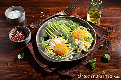 keto low carb breakfast baked spiralized zucchini with eggs and avocado Stock Photo
