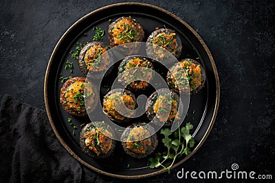 Keto Stuffed Mushrooms On Black Matte Plate. Generative AI Stock Photo