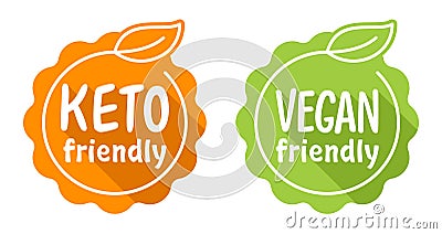 Keto and Vegan friendly badges in seal shape Vector Illustration