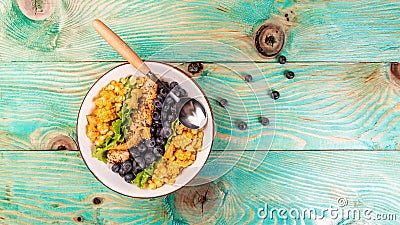 Ketogenic diet breakfast. Chicken salad with corn, lemon, mustard blueberries. Keto paleo lunch. Top view. Long banner format. Stock Photo