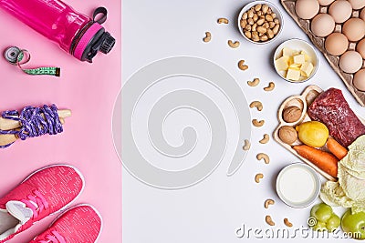 Ketogenic diet healthy food and aerobic sport supplies Stock Photo