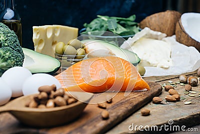 KETOGENIC DIET. Low carbs hight fat products. Healthy eating food, meal plan protein fat. Healthy nutrition. Keto lunch. Stock Photo