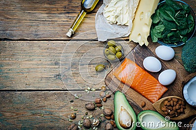 KETOGENIC DIET. Low carbs hight fat products. Healthy eating food, meal plan protein fat. Healthy nutrition. Keto lunch. Stock Photo