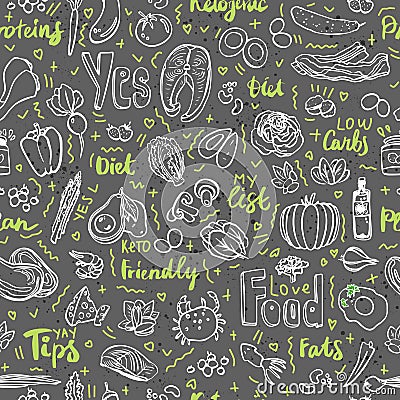 Ketogenic food vector seamless pattern, sketch. Healthy keto food - fats, proteins and carbs on endless vector pattern Vector Illustration