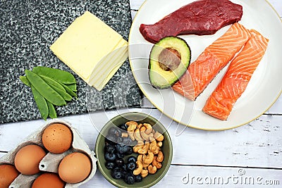 ketogenic low carb paleo style diet protein based meat fish dairy eggs veg berries and nuts Stock Photo