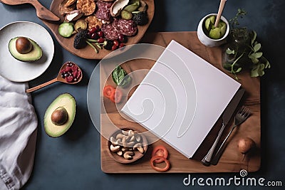 Ketogenic low carbs diet healthy food products on the wooden tray, The keto diet book with space for text,Top view, Generative AI Stock Photo