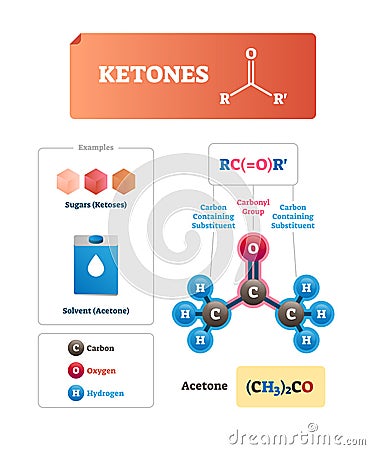 Ketones vector illustration. Sugars and solvent chemical organic compound. Vector Illustration