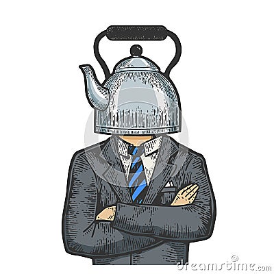 Kettle pot head businessman sketch engraving Vector Illustration