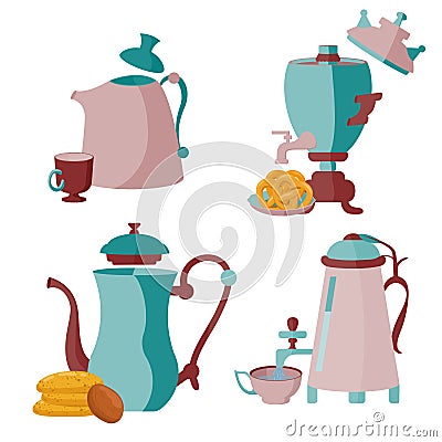 Set of teapots and samovars. Cookies, pretzels. A mug of tea. Vector Illustration