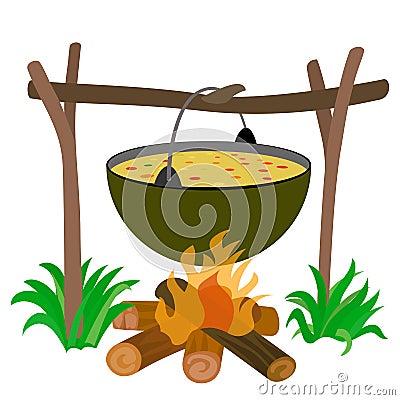 Kettle of Soup in Campfire Vector Illustration