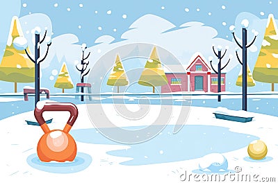 kettlebell on a snowy outdoor workout zone Stock Photo