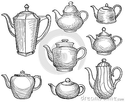 Kettles set. Teapots silhouette collection. Coffee pot. Stock Photo