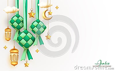 Ketupat, crescent and lantern as Islamic decoration background for ramadan mubarak, eid al fitr with copy space text area, 3D Vector Illustration