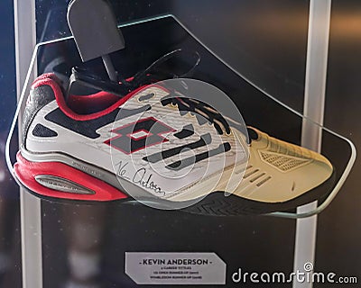 Kevin Anderson`s autographed tennis shoes on display at the Rafa Nadal Museum Editorial Stock Photo