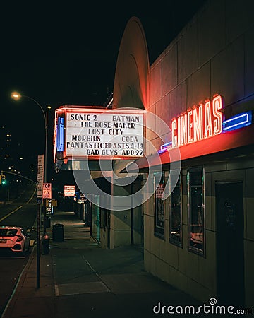 Kew Gardens Cinemas vintage neon sign at night, Queens, New York Editorial Stock Photo