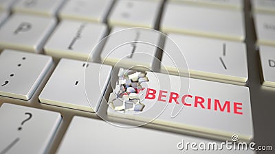 Cybercrime key being destroyed on the computer keyboard. Conceptual 3D rendering Stock Photo