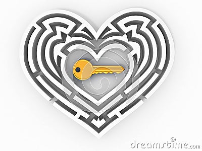 Key in the center of labyrinth in form of heart Stock Photo