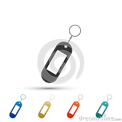 Key chain icon isolated on white background. Blank rectangular keychain with ring and chain for key. Set elements in Vector Illustration