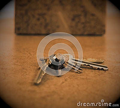 A key chain with several keys is lying on a apartment floor in front of a cardboard box. Stock Photo