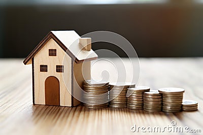 Key and coins on table symbolize real estate or home rental concept making choices in property investment, debt acceptance concept Stock Photo