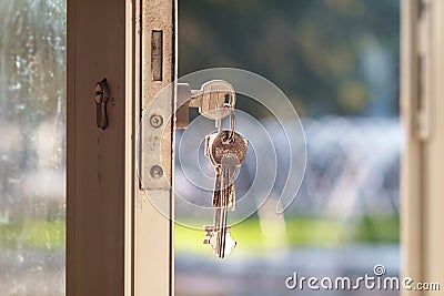 Key in door lock Stock Photo