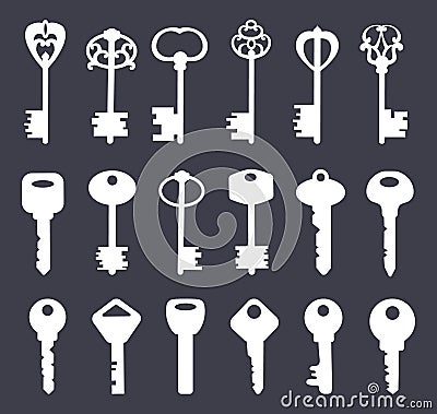 Key form silhouettes. Old vintage ornate antique house door keys or secret lock escape, simple white logo black shape Vector Illustration