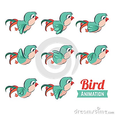 Key frames animation of bird flying. Cartoon zoo vector illustration Vector Illustration