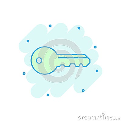 Key icon in comic style. Access login vector cartoon illustration pictogram. Password key business concept splash effect Vector Illustration