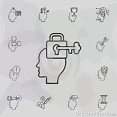 Key, lock brain icon. Universal set of creative thinking for website design and development, app development Stock Photo