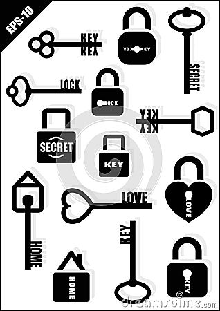Key and Lock. Secret. Love. Home. Icon set. Vector illustration. Vector Illustration