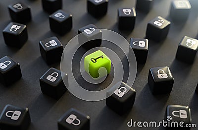 Key and many padlocks. Find the right lock of a key. Make an approach, choose a method. Get access, reveal secrets. Find a match. Stock Photo