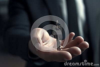 Key model in the hands of a forward-thinking businessman, representing success Stock Photo