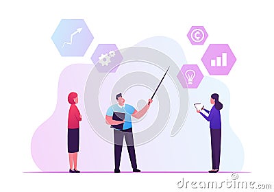 Key Performance Indicator Concept. Businessman Pointing Major Kpi Points to Colleagues Following Objective Vector Illustration