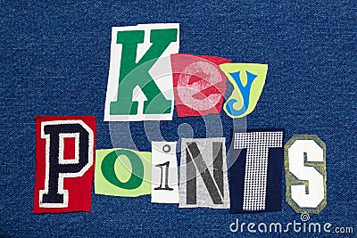 KEY POINTS text word collage colorful fabric on denim, presentation summary Stock Photo