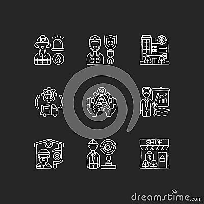 Key services chalk white icons set on black background Vector Illustration