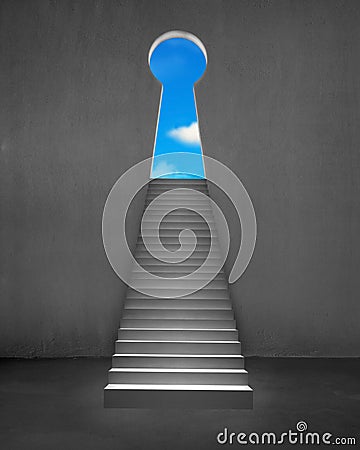 Key shape door on wall with stairs and blue sky Stock Photo