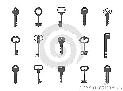 Key silhouettes. Antique and modern graphic template for logo design. House safety concept. Gray latchkey signs set Vector Illustration