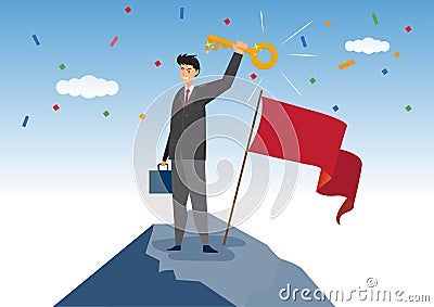 The key to business success Stairs to find the secret key or achieve a career goal idea. The winning businessman walked upstairs. Vector Illustration