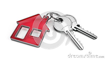 Key to a new home concept - House keys with trinket house isolated on white Stock Photo