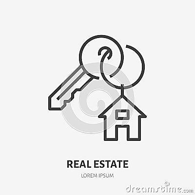 Key with trinket house on ring flat line icon. Vector thin sign of trinket, condo rent logo. Real estate illustration Vector Illustration