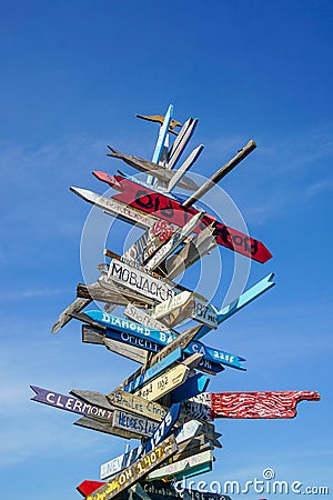 Key West whimsical wooden street sign with distances to small towns Editorial Stock Photo