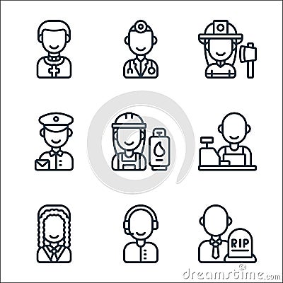 Key workers line icons. linear set. quality vector line set such as undertaker, judge, cashier, engineer, postman, firefighter, Vector Illustration